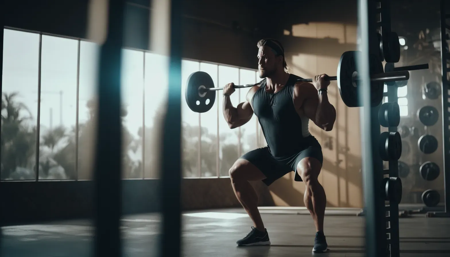 man barbell back squatting